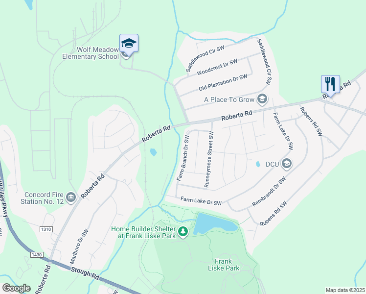 map of restaurants, bars, coffee shops, grocery stores, and more near 1295 Farm Branch Drive Southwest in Concord