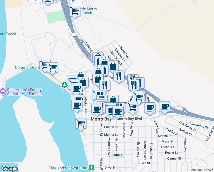map of restaurants, bars, coffee shops, grocery stores, and more near 1195 Monterey Avenue in Morro Bay