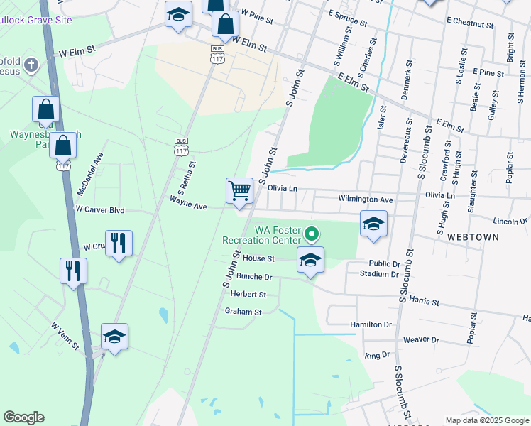 map of restaurants, bars, coffee shops, grocery stores, and more near 206 Wayne Avenue in Goldsboro