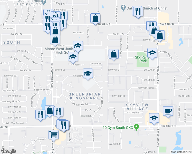 map of restaurants, bars, coffee shops, grocery stores, and more near 1330 Highfield Court in Oklahoma City