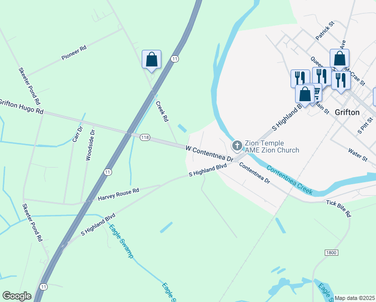 map of restaurants, bars, coffee shops, grocery stores, and more near 110 West Contentnea Drive in Grifton