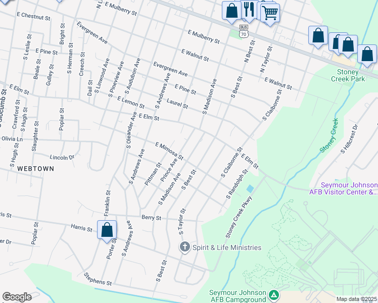 map of restaurants, bars, coffee shops, grocery stores, and more near 613 South Madison Avenue in Goldsboro