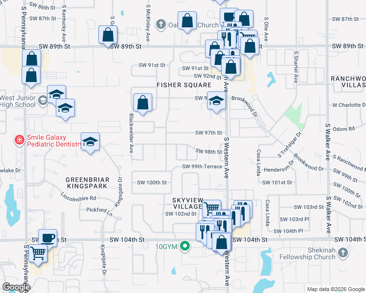 map of restaurants, bars, coffee shops, grocery stores, and more near 9901 South Douglas Avenue in Oklahoma City