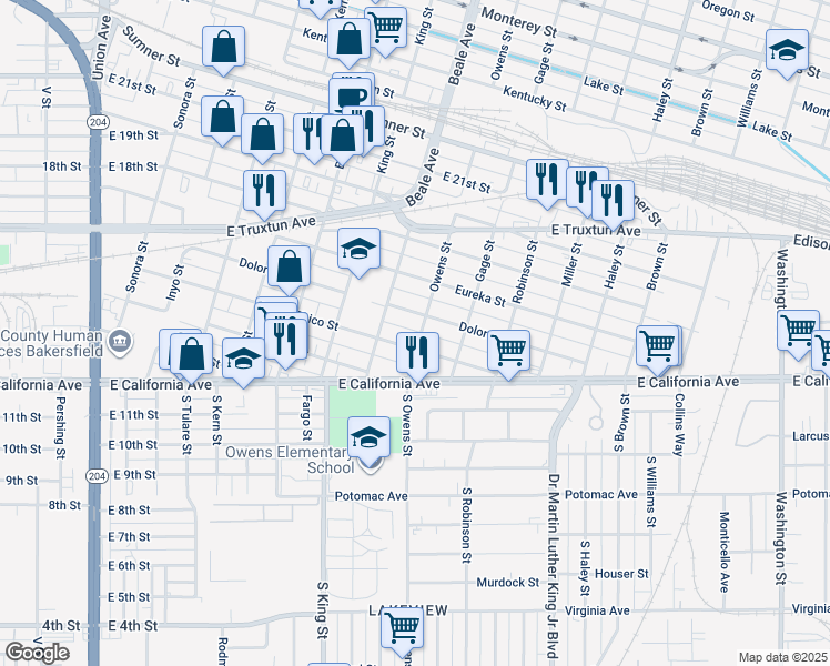map of restaurants, bars, coffee shops, grocery stores, and more near 316 Owens Street in Bakersfield