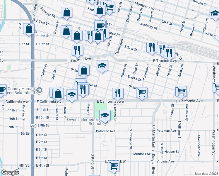 map of restaurants, bars, coffee shops, grocery stores, and more near 301 Beale Avenue in Bakersfield