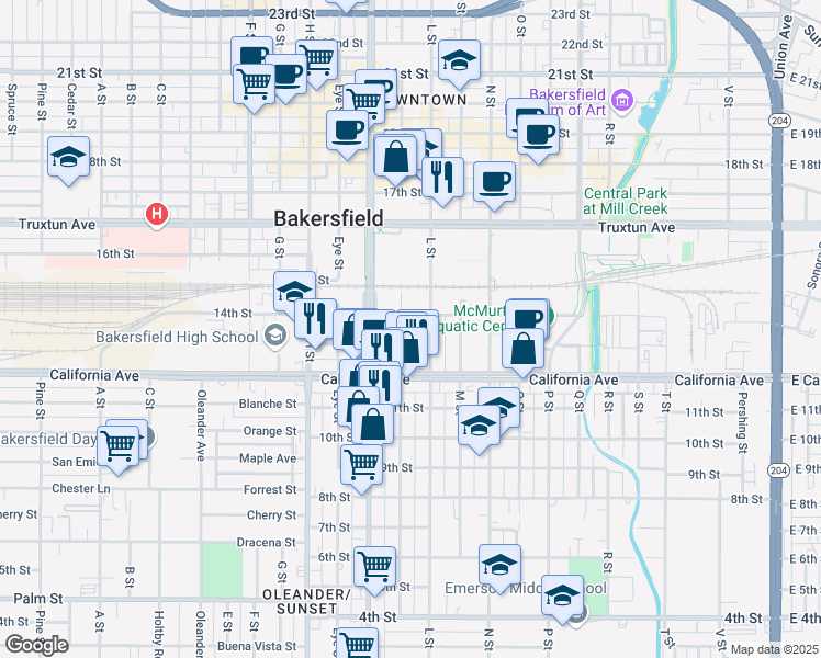 map of restaurants, bars, coffee shops, grocery stores, and more near 1324 K Street in Bakersfield