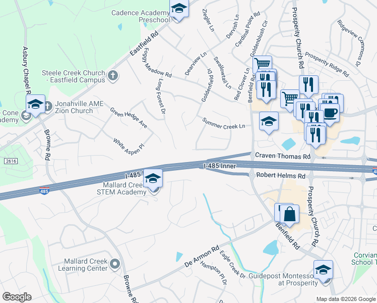 map of restaurants, bars, coffee shops, grocery stores, and more near 5712 Shining Oak Lane in Charlotte
