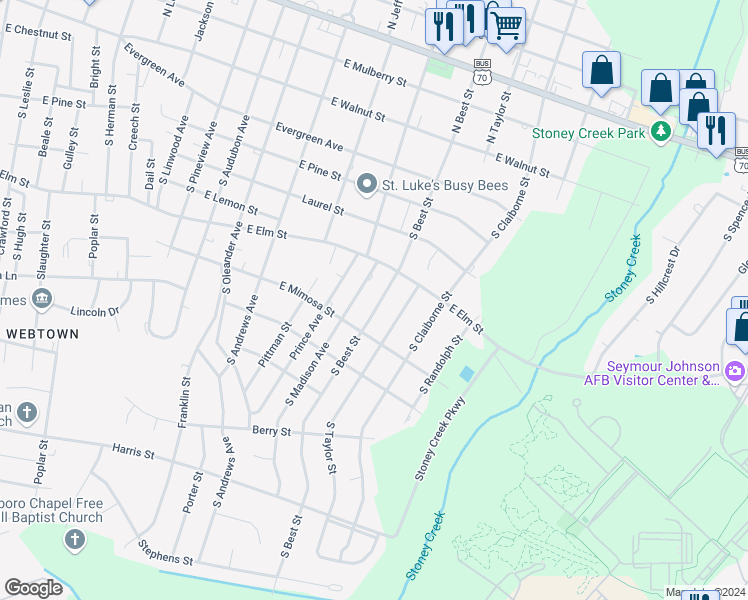 map of restaurants, bars, coffee shops, grocery stores, and more near 609 South Best Street in Goldsboro