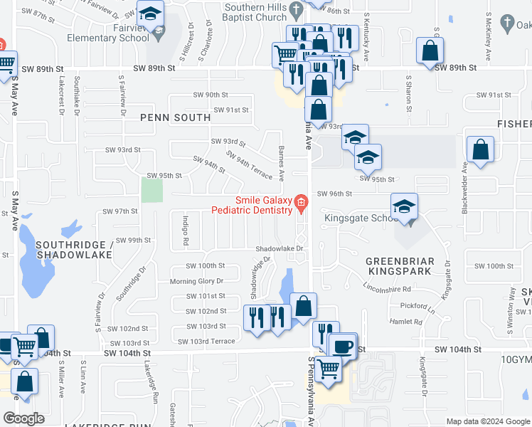 map of restaurants, bars, coffee shops, grocery stores, and more near 9806 Larkspur Lane in Oklahoma City
