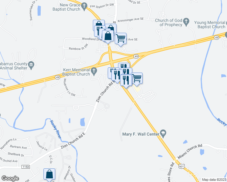 map of restaurants, bars, coffee shops, grocery stores, and more near 1501 Zion Church Road East in Concord