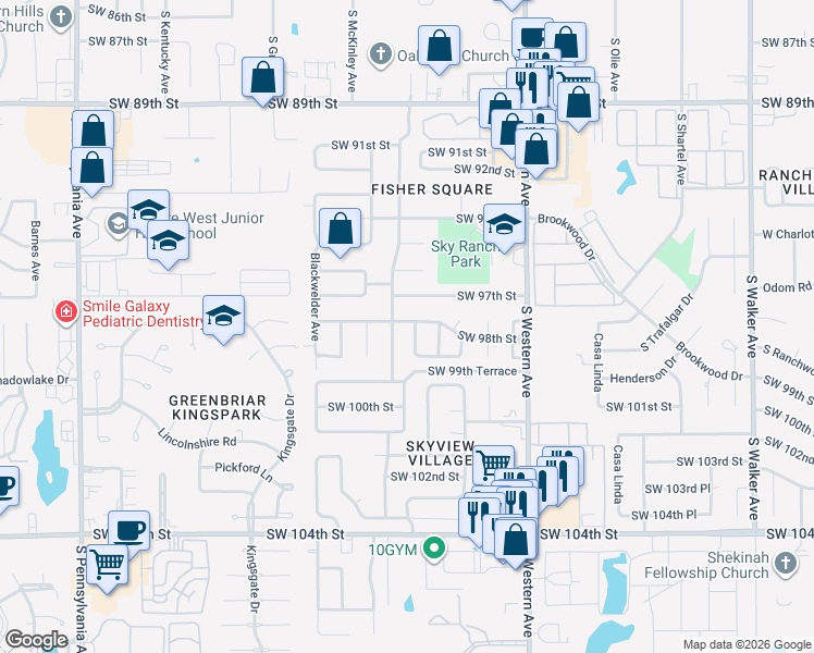 map of restaurants, bars, coffee shops, grocery stores, and more near 9901 S Douglas Ave in Oklahoma City