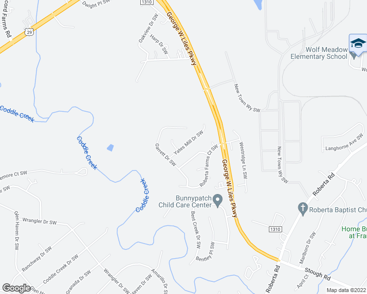 map of restaurants, bars, coffee shops, grocery stores, and more near 3122 Yates Mill Drive Southwest in Concord