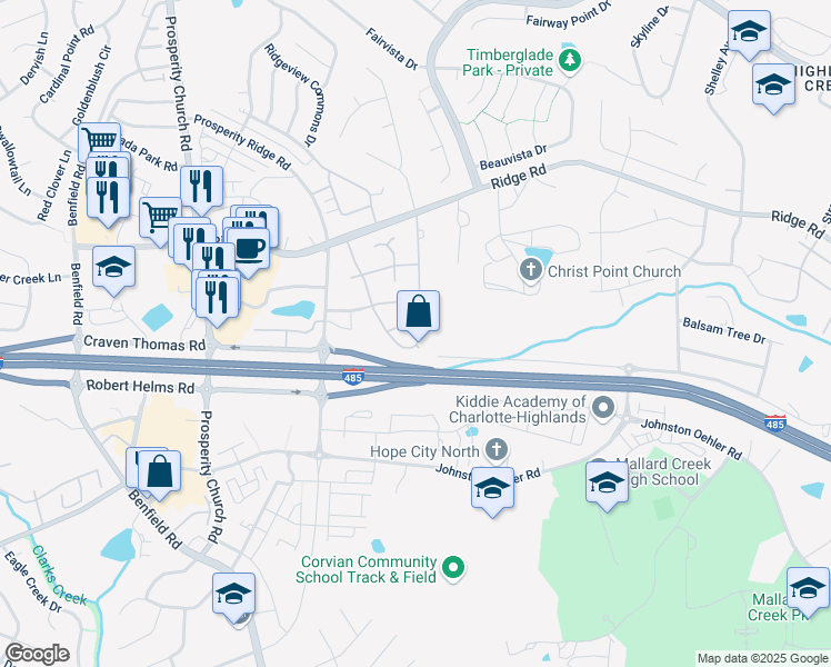 map of restaurants, bars, coffee shops, grocery stores, and more near 5713 Waverly Lynn Lane in Charlotte