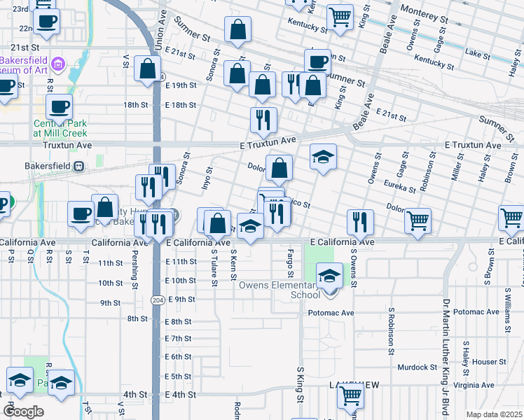 map of restaurants, bars, coffee shops, grocery stores, and more near 612 Butte Street in Bakersfield