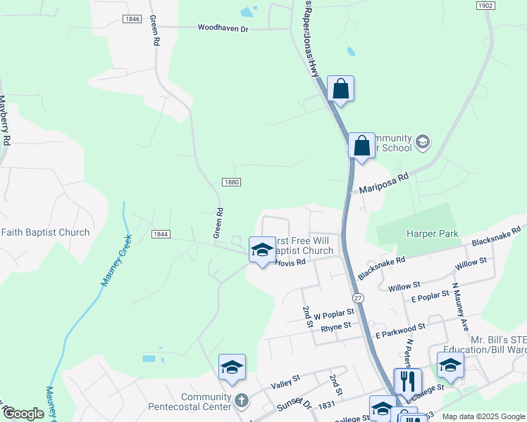 map of restaurants, bars, coffee shops, grocery stores, and more near 318 Rollins Street in Stanley