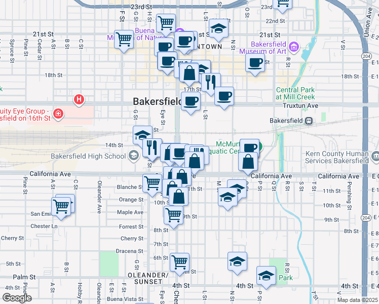 map of restaurants, bars, coffee shops, grocery stores, and more near 1324 K Street in Bakersfield