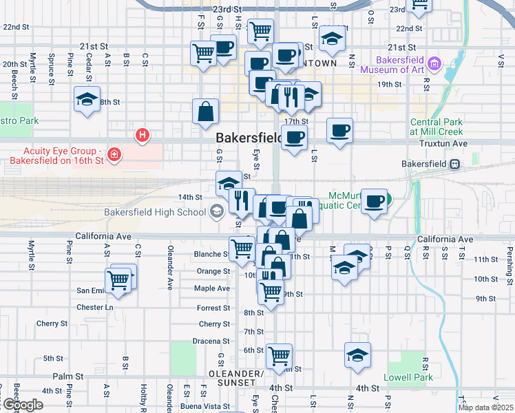 map of restaurants, bars, coffee shops, grocery stores, and more near in Bakersfield