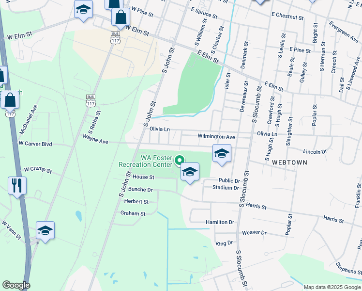map of restaurants, bars, coffee shops, grocery stores, and more near 300 Wayne Avenue in Goldsboro