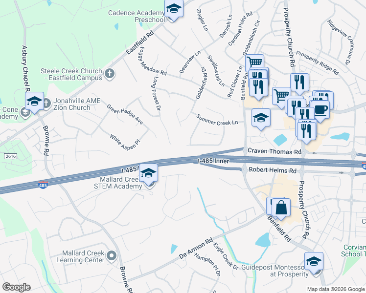 map of restaurants, bars, coffee shops, grocery stores, and more near 5712 Shining Oak Lane in Charlotte