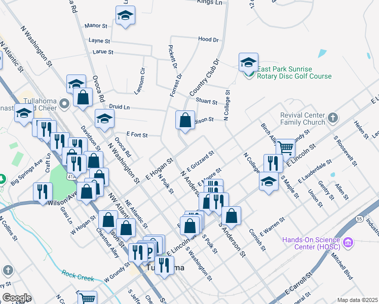 map of restaurants, bars, coffee shops, grocery stores, and more near 412 East Hogan Street in Tullahoma
