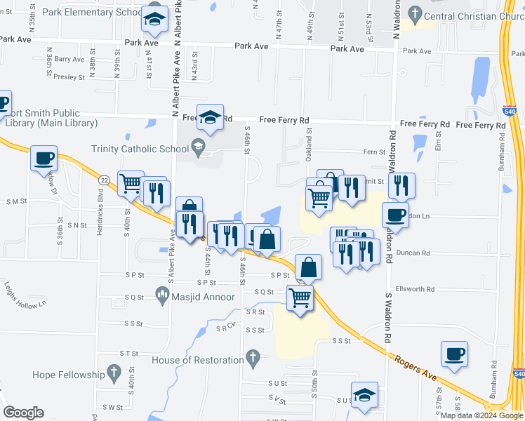 map of restaurants, bars, coffee shops, grocery stores, and more near 1331 South 46th Street in Fort Smith