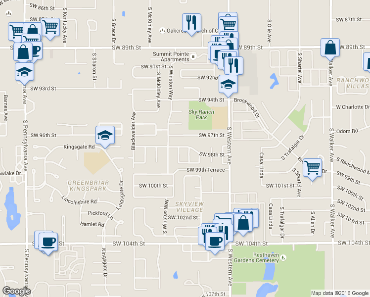 map of restaurants, bars, coffee shops, grocery stores, and more near 9901 South Douglas Avenue in Oklahoma City