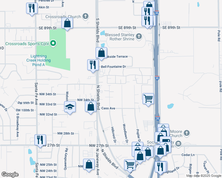 map of restaurants, bars, coffee shops, grocery stores, and more near 2946 Hillcrest Drive in Moore