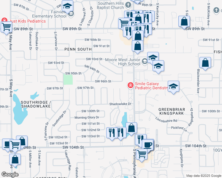 map of restaurants, bars, coffee shops, grocery stores, and more near 9809 Larkspur Lane in Oklahoma City