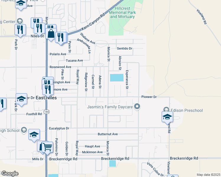 map of restaurants, bars, coffee shops, grocery stores, and more near 1217 Monica Street in Bakersfield