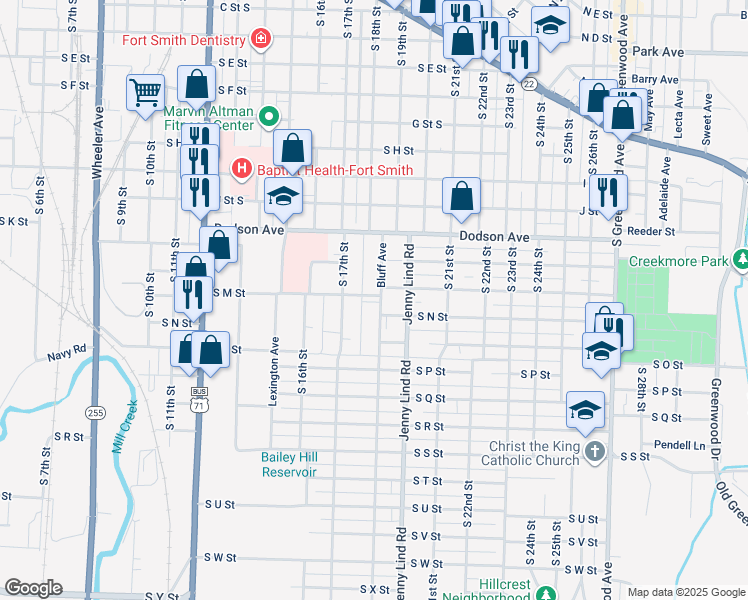 map of restaurants, bars, coffee shops, grocery stores, and more near 1400 Bluff Avenue in Fort Smith