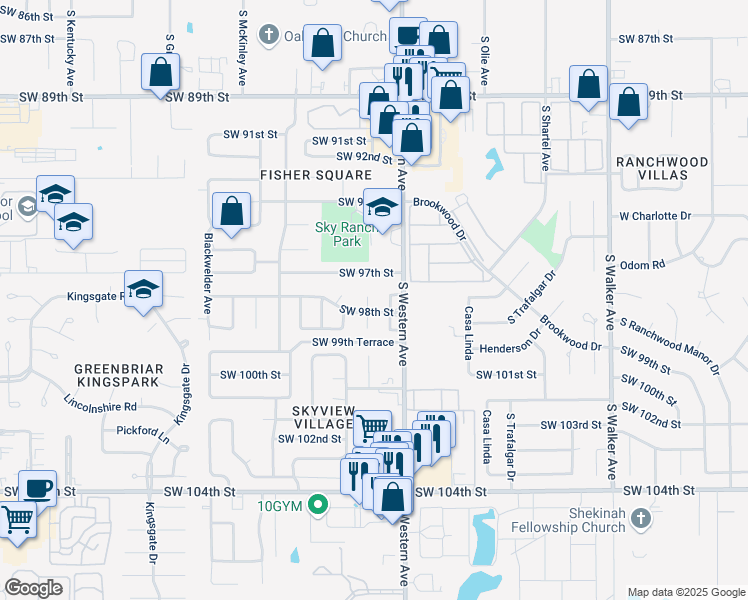 map of restaurants, bars, coffee shops, grocery stores, and more near 9810 Teka Circle in Oklahoma City