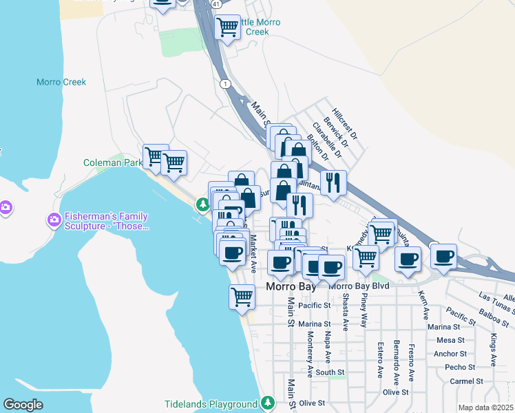map of restaurants, bars, coffee shops, grocery stores, and more near 1188 Market Avenue in Morro Bay