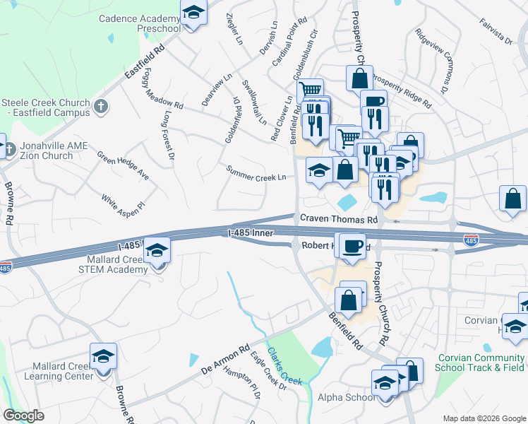 map of restaurants, bars, coffee shops, grocery stores, and more near 5826 Shining Oak Lane in Charlotte