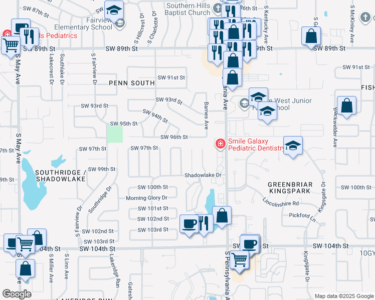 map of restaurants, bars, coffee shops, grocery stores, and more near 9809 Larkspur Lane in Oklahoma City