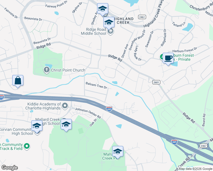map of restaurants, bars, coffee shops, grocery stores, and more near 3408 Balsam Tree Drive in Charlotte