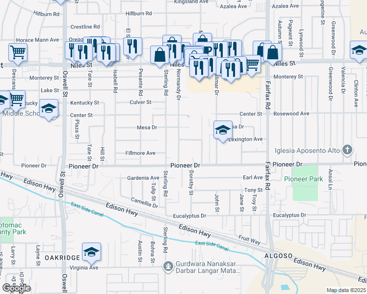 map of restaurants, bars, coffee shops, grocery stores, and more near 731 Normandy Drive in Bakersfield