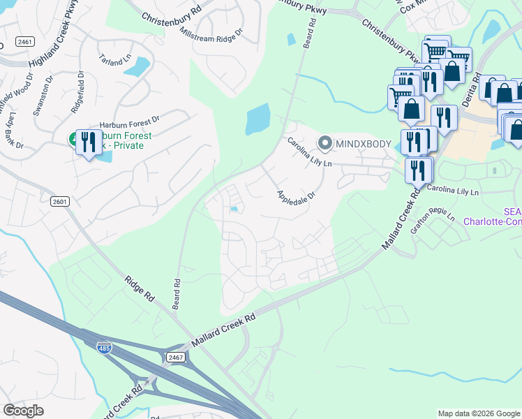 map of restaurants, bars, coffee shops, grocery stores, and more near 2609 Bridgeville Lane in Charlotte