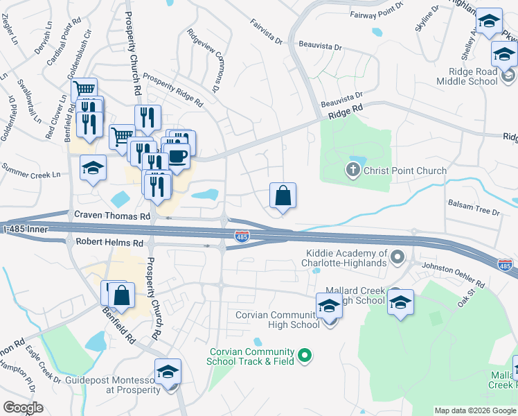 map of restaurants, bars, coffee shops, grocery stores, and more near 5524 Waverly Lynn Lane in Charlotte