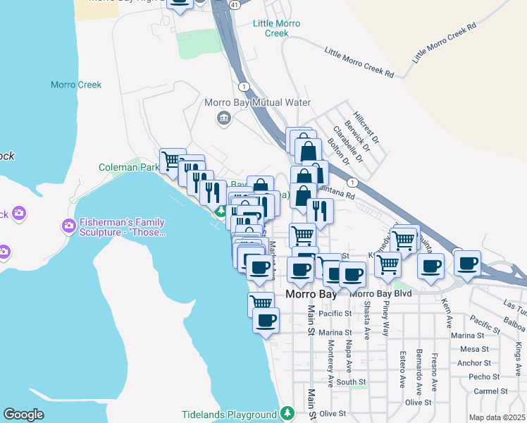 map of restaurants, bars, coffee shops, grocery stores, and more near 1180 West Street in Morro Bay
