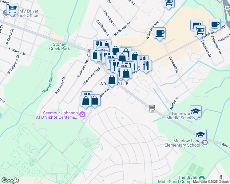 map of restaurants, bars, coffee shops, grocery stores, and more near 108 South Berkeley Boulevard in Goldsboro