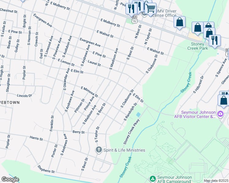 map of restaurants, bars, coffee shops, grocery stores, and more near 604 South Best Street in Goldsboro