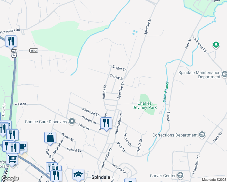 map of restaurants, bars, coffee shops, grocery stores, and more near 621 Spindale Street in Spindale