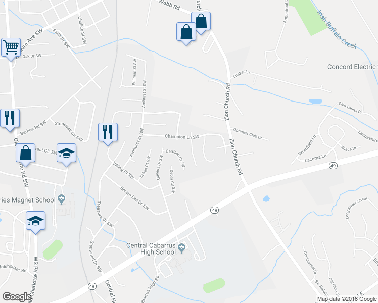 map of restaurants, bars, coffee shops, grocery stores, and more near 3061 Parade Lane Southwest in Concord