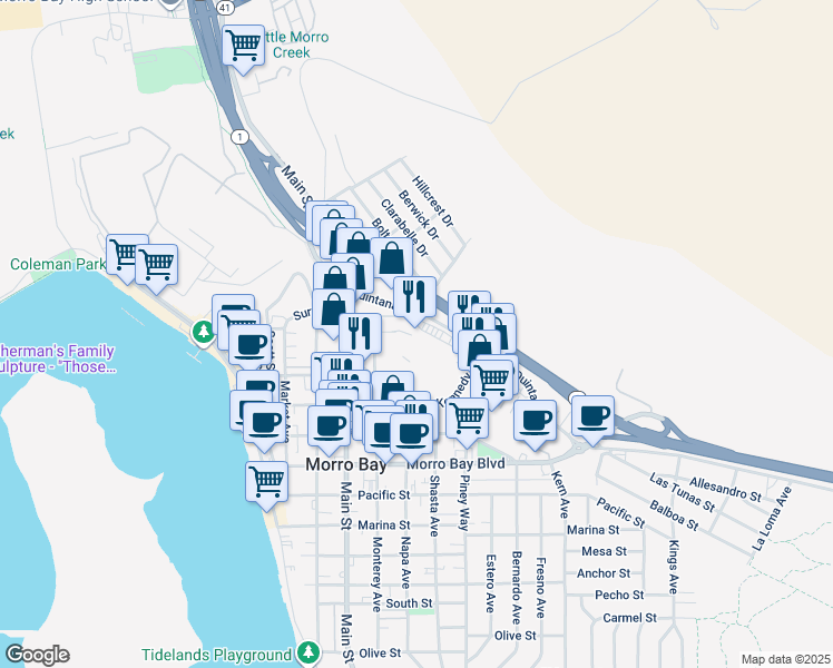 map of restaurants, bars, coffee shops, grocery stores, and more near 420 Quintana Road in Morro Bay