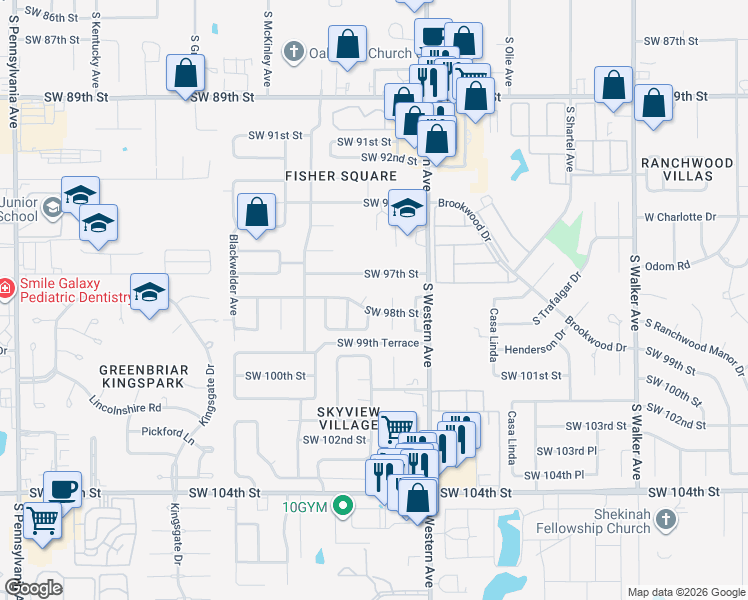 map of restaurants, bars, coffee shops, grocery stores, and more near 1029 Southwest 98th Street in Oklahoma City