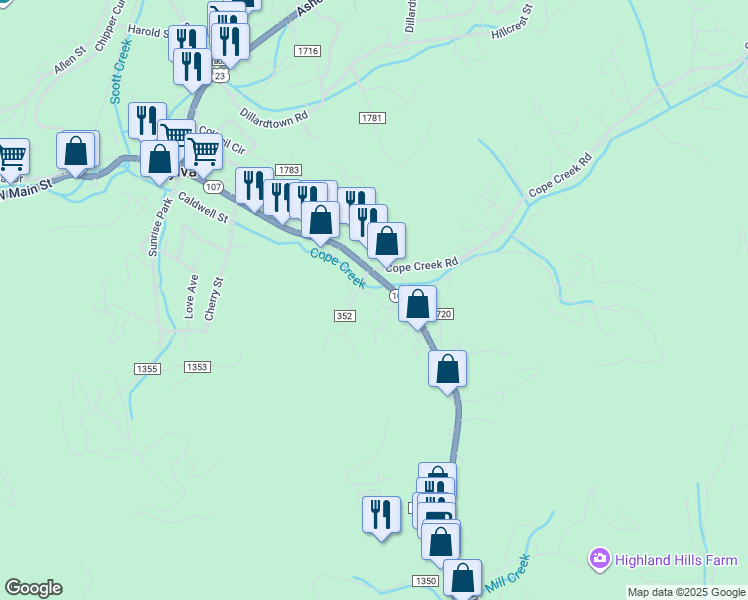 map of restaurants, bars, coffee shops, grocery stores, and more near 42 Pathfinder Lane in Sylva