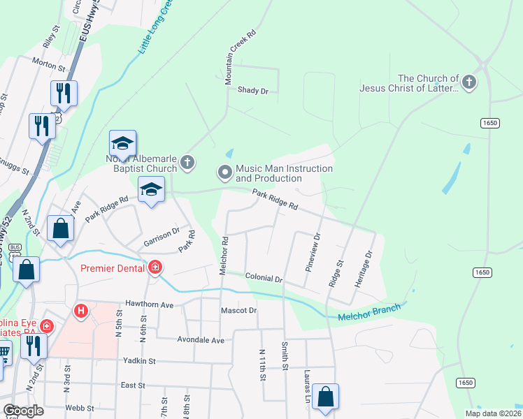 map of restaurants, bars, coffee shops, grocery stores, and more near 1514 Melchor Road in Albemarle