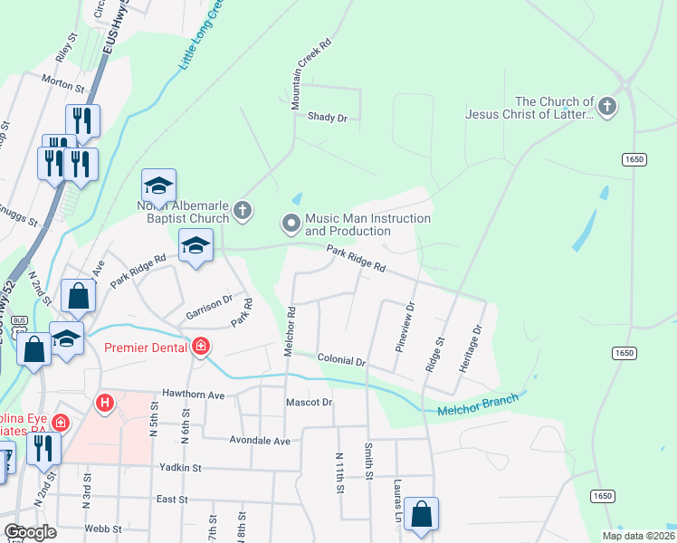 map of restaurants, bars, coffee shops, grocery stores, and more near 1514 Melchor Rd in Albemarle