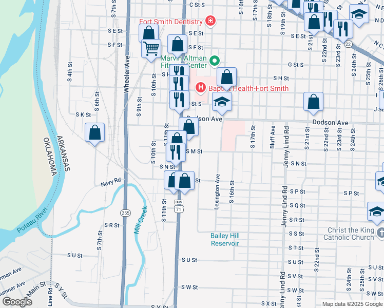 map of restaurants, bars, coffee shops, grocery stores, and more near 1234 South M Street in Fort Smith
