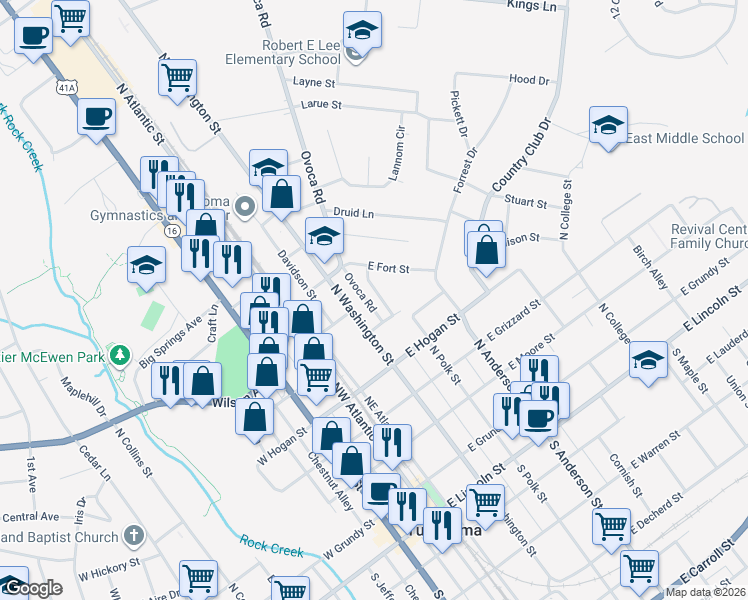 map of restaurants, bars, coffee shops, grocery stores, and more near 605 Cedar Crest Drive in Tullahoma